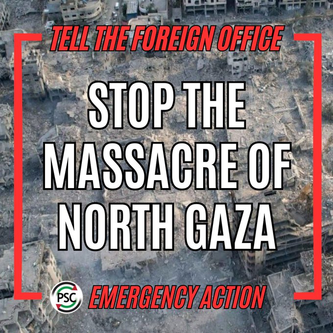 PSCupdates's tweet photo. 🚨URGENT ACTION!

Israel is intensifying its war crimes in northern Gaza as it escalates attacks across the wider region. Read this thread, write to the Foreign Secretary, and join our emergency day of action across Britain this coming Saturday. (1/7)

https://t.co/yJL61YbNEh https://t.co/i9T5uH2IJH