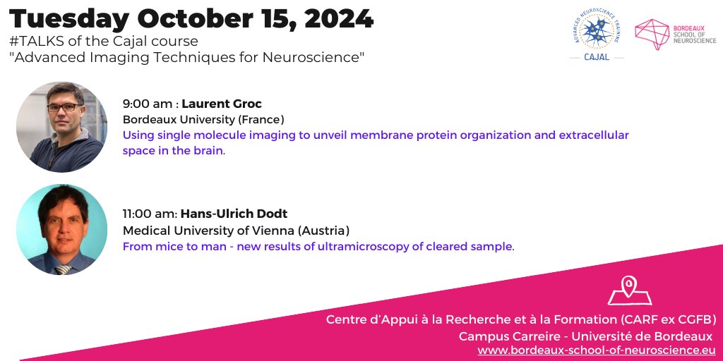 Bordeaux School Of Neuroscience 🧠 (@bdxneuroschool) on Twitter photo We will have 2 talks tomorrow as part of our #Cajal Course on "Advanced #Imaging Techniques for #Neuroscience"
Laurent Groc form <a href="/iins_bordeaux/">Interdisciplinary Institute for Neuroscience 🧠</a> and Hans-Ulrich Dodt from Medical University of Vienna.
‼️ Not to be missed ‼️
<a href="/Cajal_Training/">The CAJAL Advanced Neuroscience Training Programme</a>
<a href="/iins_bordeaux/">Interdisciplinary Institute for Neuroscience 🧠</a>
<a href="/Neuro_Bordeaux/">Bordeaux Neurocampus</a> We will have 2 talks tomorrow as part of our #Cajal Course on "Advanced #Imaging Techniques for #Neuroscience"
Laurent Groc form <a href="/iins_bordeaux/">Interdisciplinary Institute for Neuroscience 🧠</a> and Hans-Ulrich Dodt from Medical University of Vienna.
‼️ Not to be missed ‼️
<a href="/Cajal_Training/">The CAJAL Advanced Neuroscience Training Programme</a>
<a href="/iins_bordeaux/">Interdisciplinary Institute for Neuroscience 🧠</a>
<a href="/Neuro_Bordeaux/">Bordeaux Neurocampus</a>