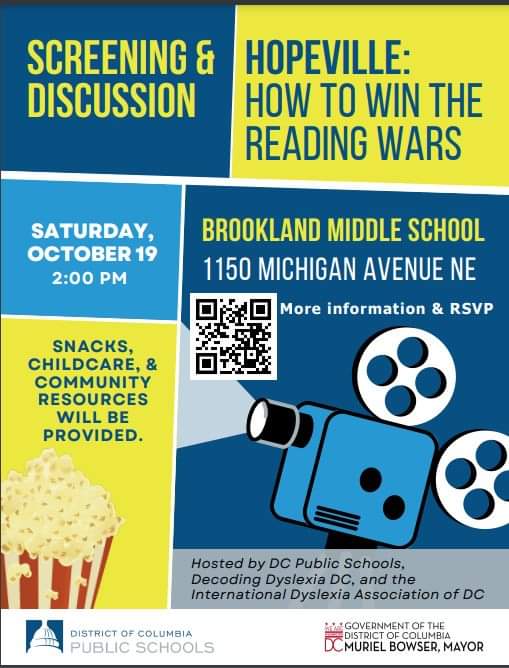 Is your child  a struggling reader? Most <a href="/dcps/">deivid</a> &amp; public charter school students are.😔

Attend this FREE screening &amp; DC reading discussion &amp; get resources. 

THIS Saturday, Oct. 19 @ 2 PM.

CHILDCARE provided.

Hosted by: <a href="/dcps/">deivid</a>, <a href="/MayorBowser/">Mayor Muriel Bowser</a>, <a href="/DDyslexiaDC/">Decoding Dyslexia Washington DC</a>
&amp; <a href="/DyslexiaIDA/">International Dyslexia Association</a>.