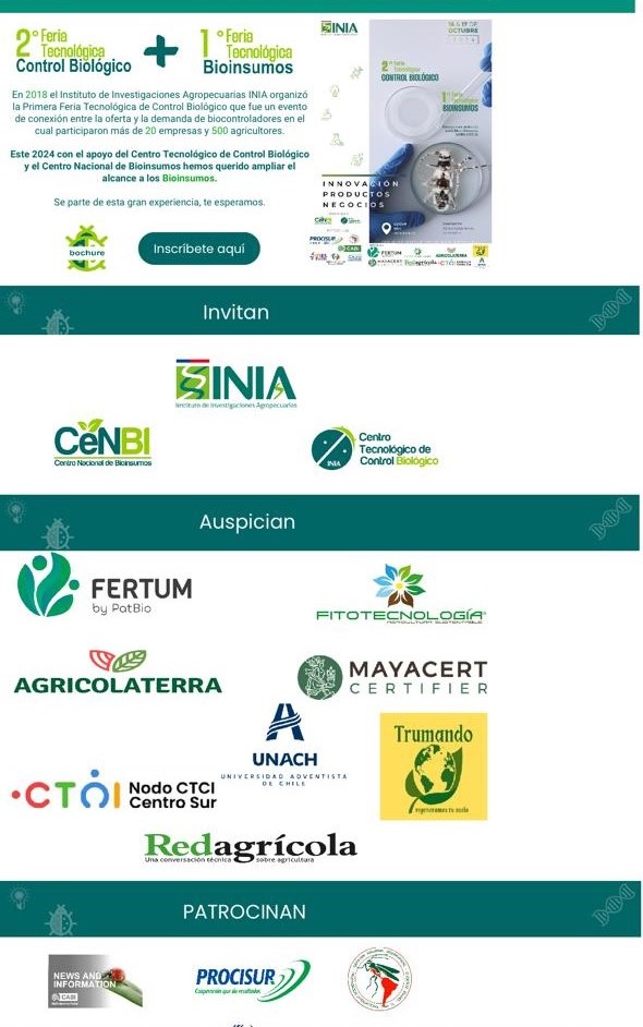 Segunda Feria Tecnológica Control Biológico. 16 y 17 de octubre. INIA Quilamapu. Informaciones: jdelahoz@inia.cl
