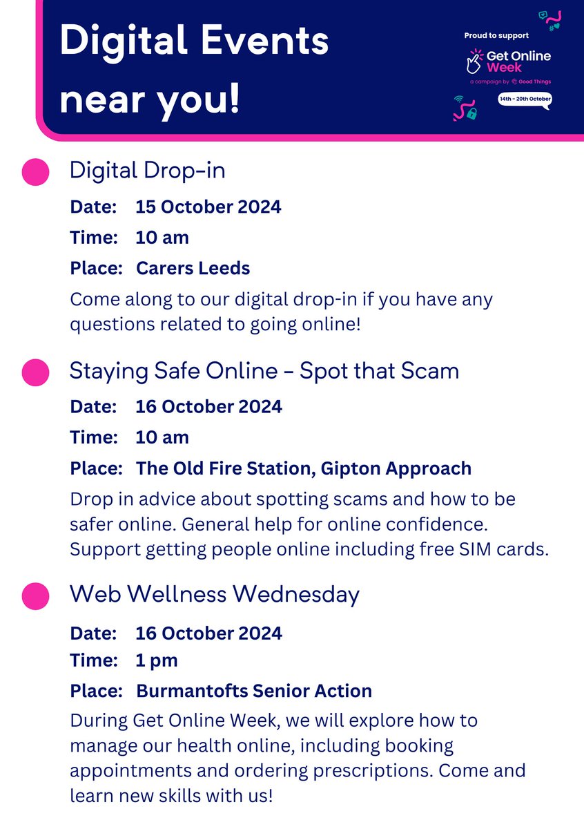Leeds Older People's Forum (@leedsopf) on Twitter photo Here is a snapshot of some digital events you can get involved with this #GetOnlineWeek in Leeds. For more events and information, visit: bit.ly/4cuCWBO
<a href="/CarersLeeds/">Carers Leeds</a> <a href="/OldFireStaLS9/">The Old Fire Station</a> <a href="/BSA_Leeds9/">BSA Leeds</a> Here is a snapshot of some digital events you can get involved with this #GetOnlineWeek in Leeds. For more events and information, visit: bit.ly/4cuCWBO
<a href="/CarersLeeds/">Carers Leeds</a> <a href="/OldFireStaLS9/">The Old Fire Station</a> <a href="/BSA_Leeds9/">BSA Leeds</a>