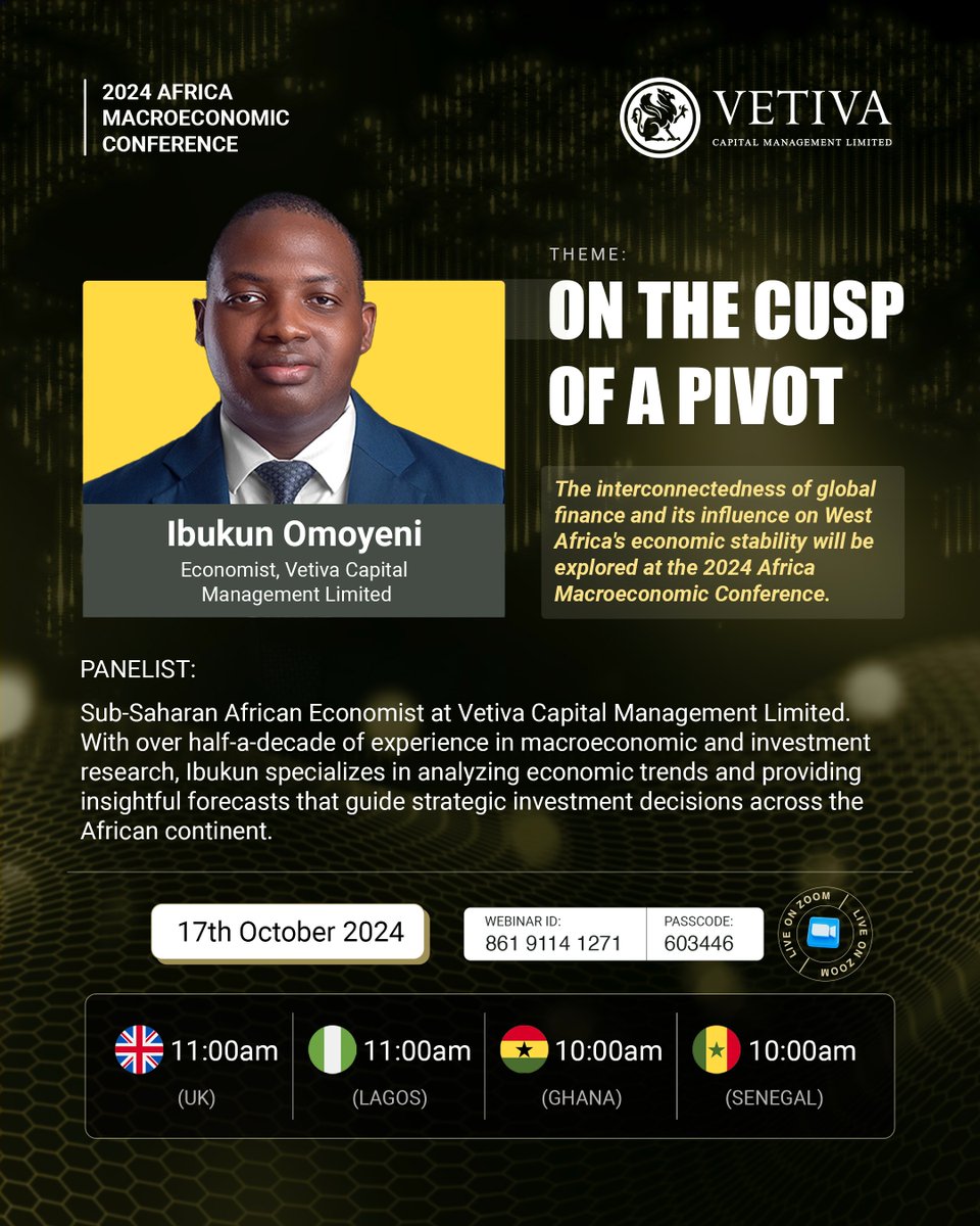 vetivaonline's tweet photo. The interconnectedness of global finance and its influence on West Africa's economic stability will be explored at the 2024 Africa Macroeconomic Conference.
- 5 Regional Experts
- 4 Economies
- 1 Game-Changing Event

Dare to pivot?
REGISTER NOW: https://t.co/flPpNxoCEe

#Africa #Nigeria #Macroeconomicconference #Vetiva #Fiscalpolicy #Westafrica #EastAfrica #Southafrica