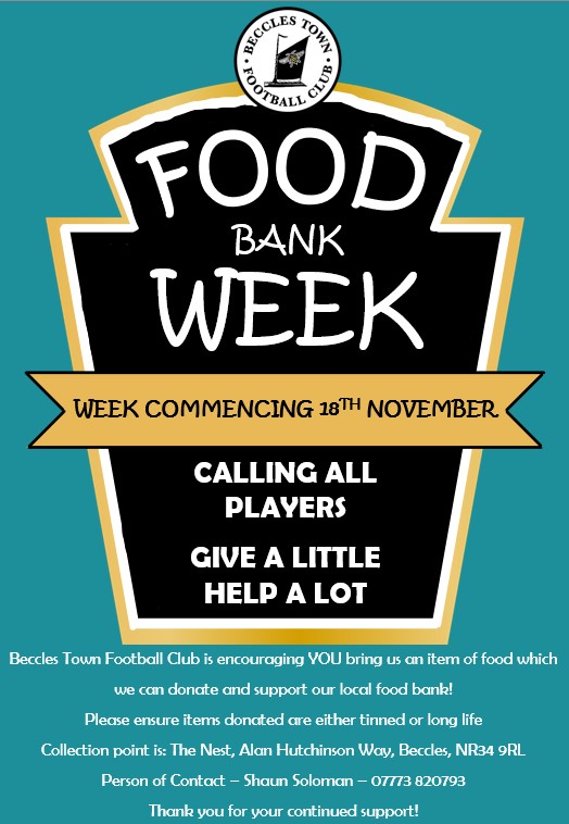 BecclesFC's tweet photo. Food Bank Week ||

BTFC are pleased to announce our food bank week initiative! 

Calling every player, home or away, who passes the Nest W/C 18th Nov to bring an item of food to donate to our bank which we will pass on to a local food bank! 

#givealittlehelpalot 

⚪⛵⚫ https://t.co/3Y3OPupkpx