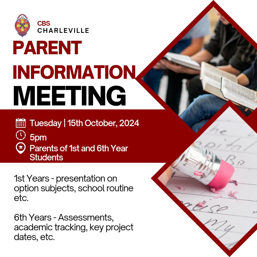Reminder: 

Parent information evening tomorrow for parents of 1st and 6th year students.