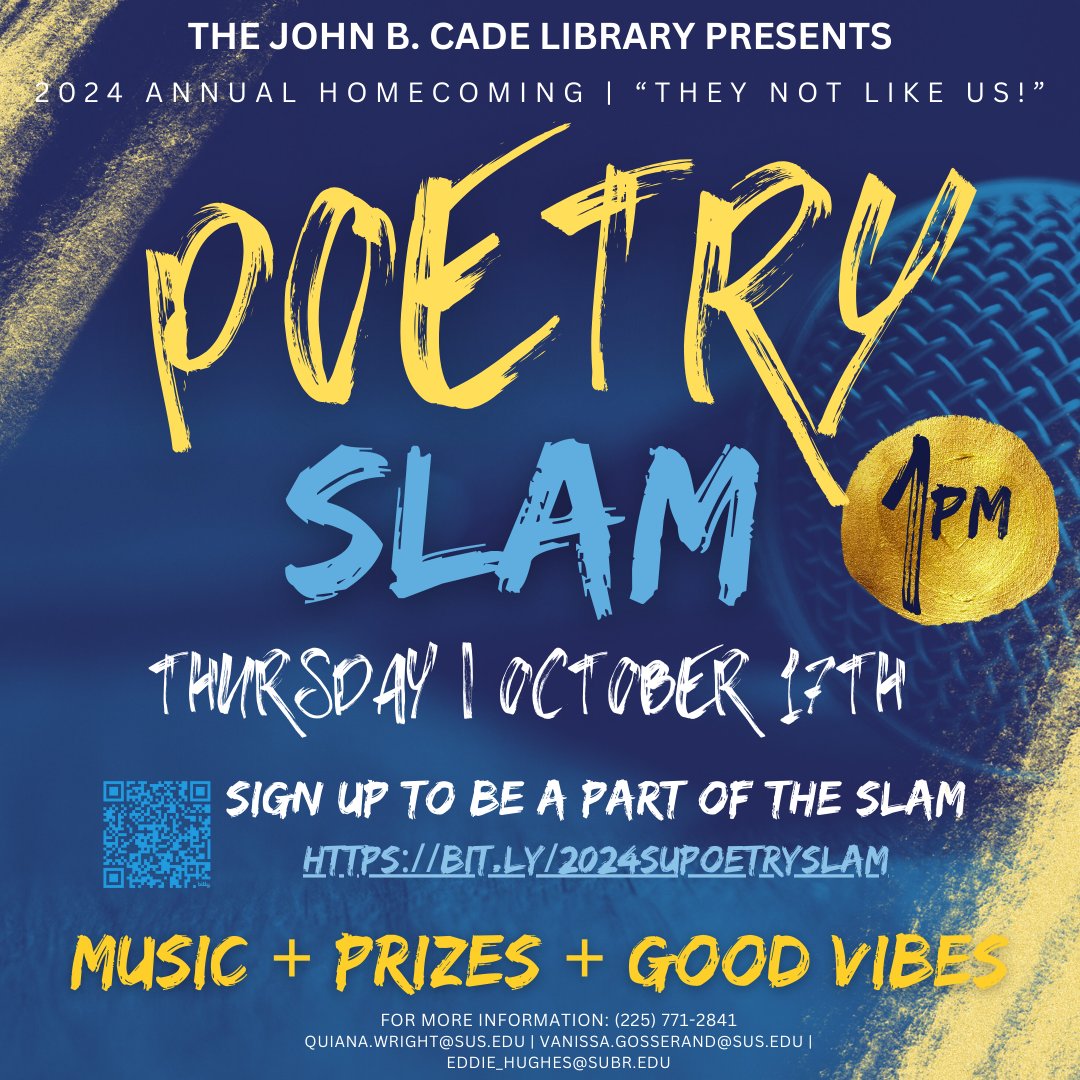🎤 HOCO Week Poetry Slam! 

“They Not Like Us” means we own the stage! Join us at John B. Cade Library on Thursday, Oct. 17th @ 1 PM for an epic slam—good music, great prizes, unmatched vibes.
Poets, sign up here: bit.ly/2024poetryslam

Let’s make Homecoming unforgettable! 🔥📚