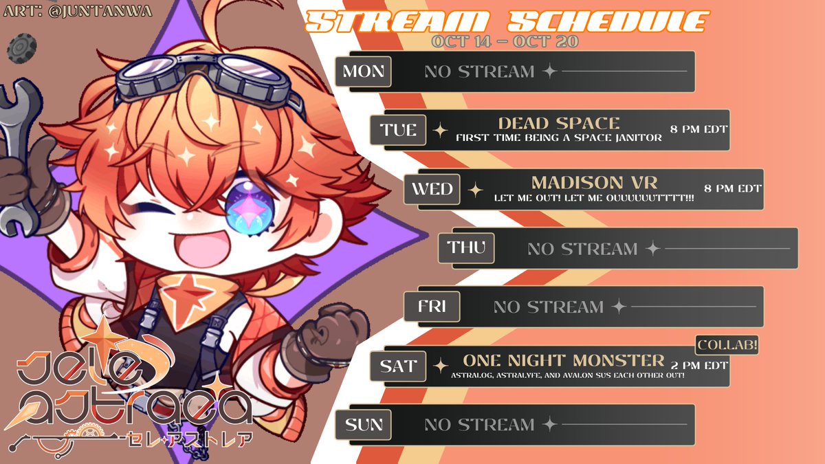 🚀 NEW WEEK, NEW SCHEDULE! 🚀

We're deep into Spook-tober and it's high time I play Dead Space 💀 And some Madison VR after with more emotional support!

Finally, you won't want to miss Orion's BIG project, a One Night Monster Collab with Avalon, Astralyfe, and Avalon!
