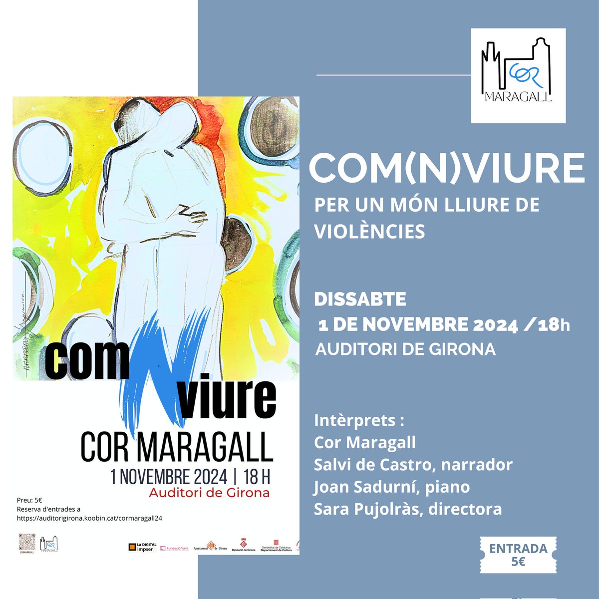 En el tradicional concert de Tots Sants, el cor Maragall presentarà el seu nou projecte COM(N)VIURE. Un concert que destaca per la seva qualitat musical i escènica i que se centrarà en fomentar la cultura de la Pau des de totes les seves perspectives.