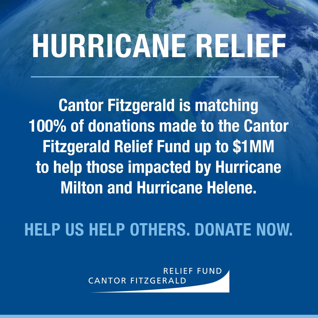 CantorRelief's tweet image. Cantor Fitzgerald is matching 100% of donations made to the Cantor Fitzgerald Relief Fund up to $1 million to help those impacted by #HurricaneMilton and #HurricaneHelene.
Help us help others. Donate now at cantorrelief.org/donate-now/.