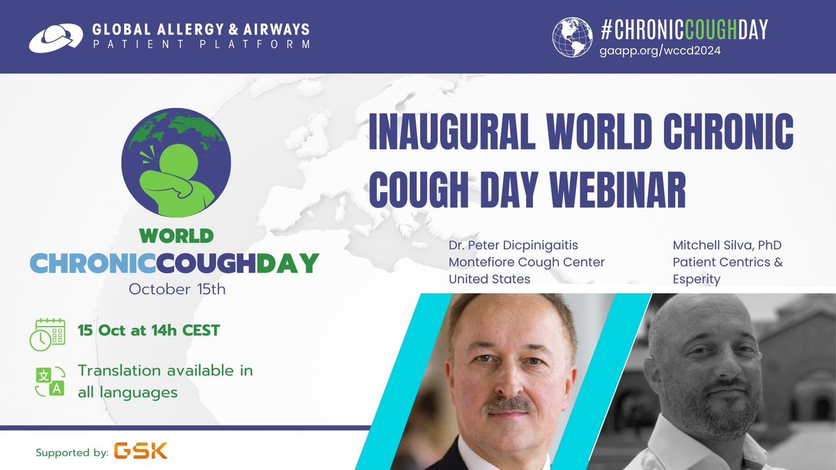 We’re excited to participate in the first-ever #ChronicCoughAwarenessDay Webinar organized by <a href="/gaapporg/">Global Allergy & Airways Patient Platform</a> . Join us and participate in the conversation!
📅 Date: October 15, 2024. 14:00 CEST (Vienna Time)
👉 Don’t miss out—register today at: gaapp.org/wccd2024/