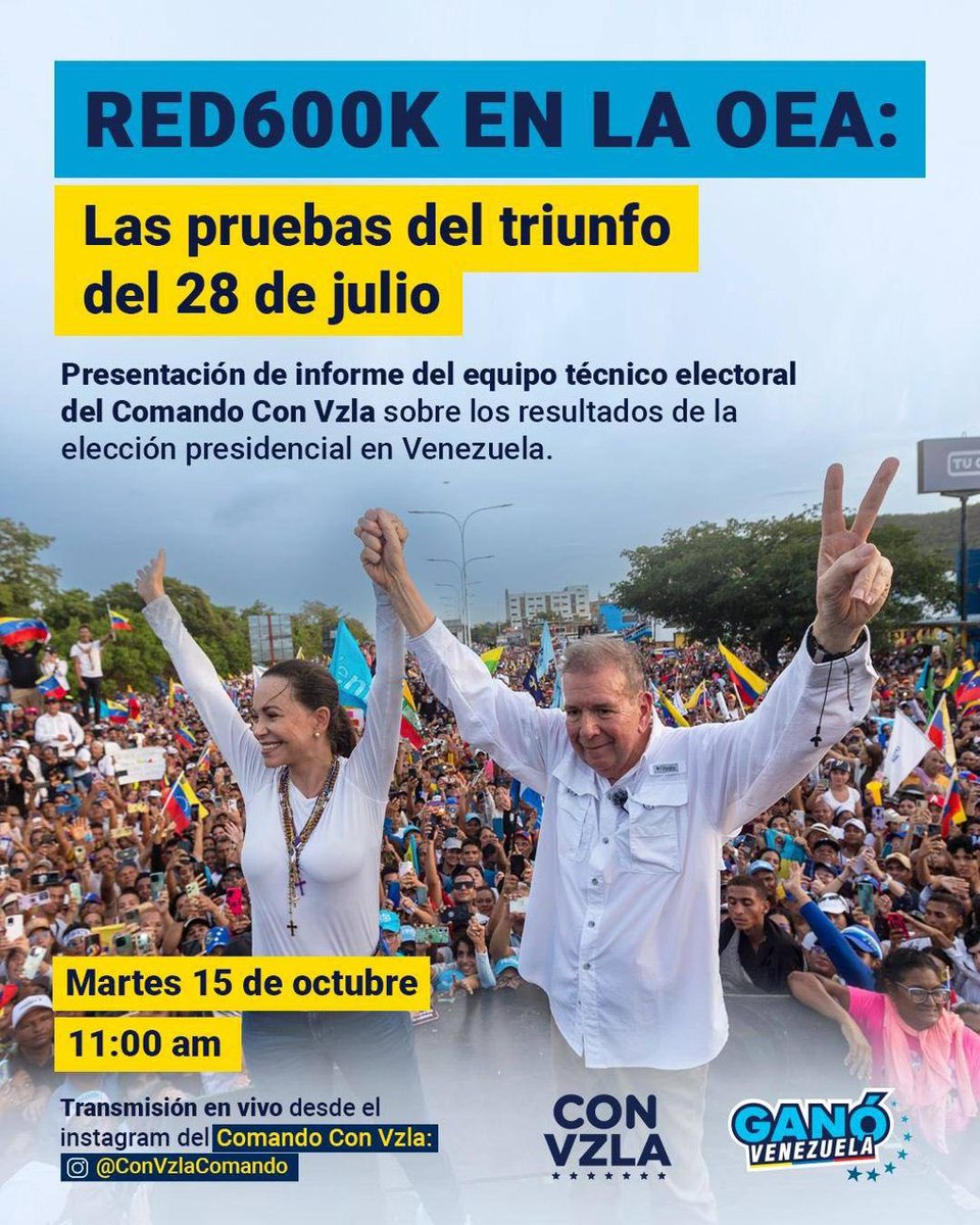 ConVzlaComando's tweet photo. ¡Red600K en la @OEA_oficial!

Las pruebas del triunfo del 28 de julio 💪🏻🗳️

Nuestro equipo técnico electoral presentará un informe sobre los resultados de la elección presidencial en Venezuela. 

🗓️ Martes 15 de octubre
⏰ 11:00 am

¡Atento a nuestras redes!

#GanóVzla | #HastaElFinal