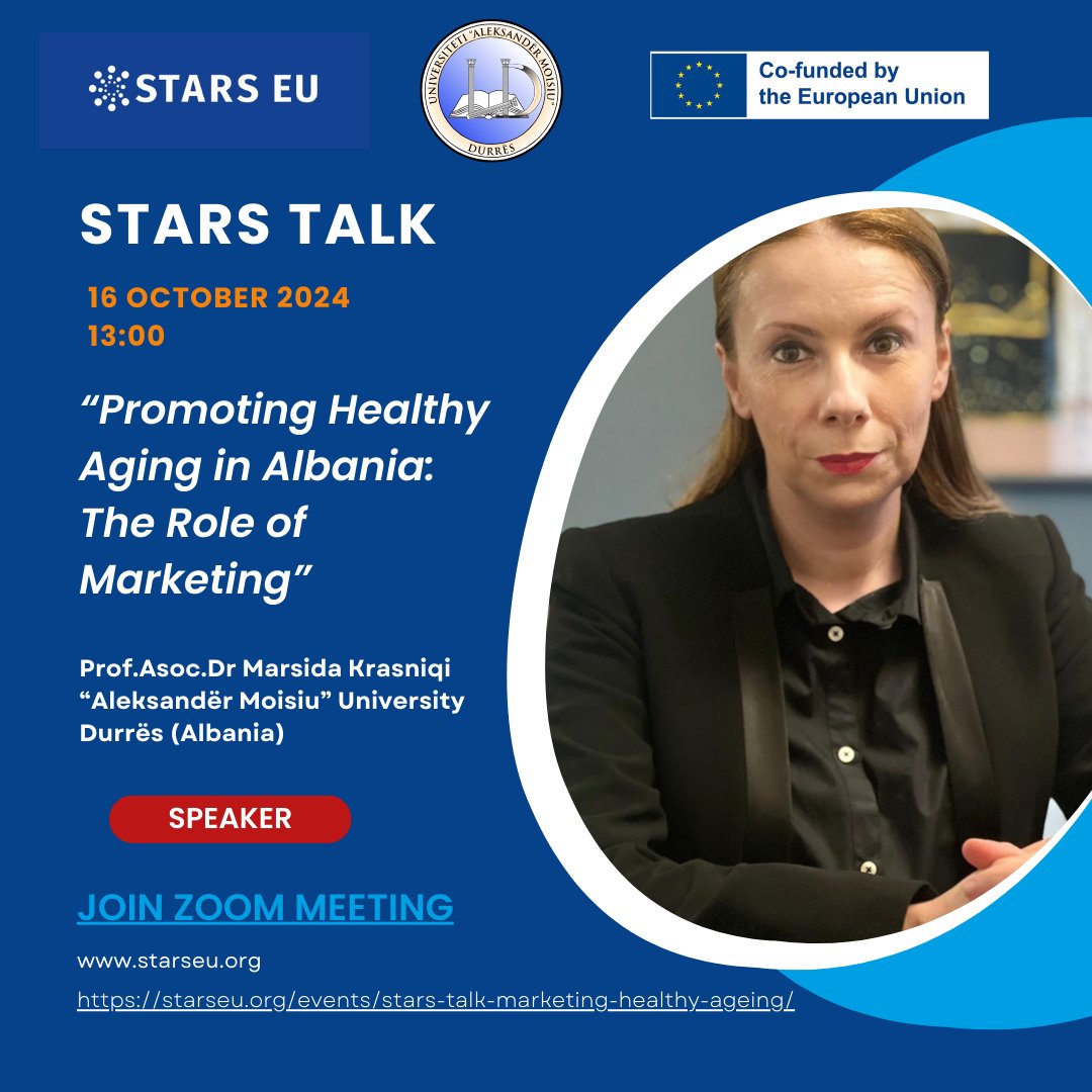 Join our Stars Talk on October 16 at 13.00 CET about promoting Healthy Ageing in Albania, lead by Prof. Assoc. Dr. Marsida Krasniqi. #STARSEU