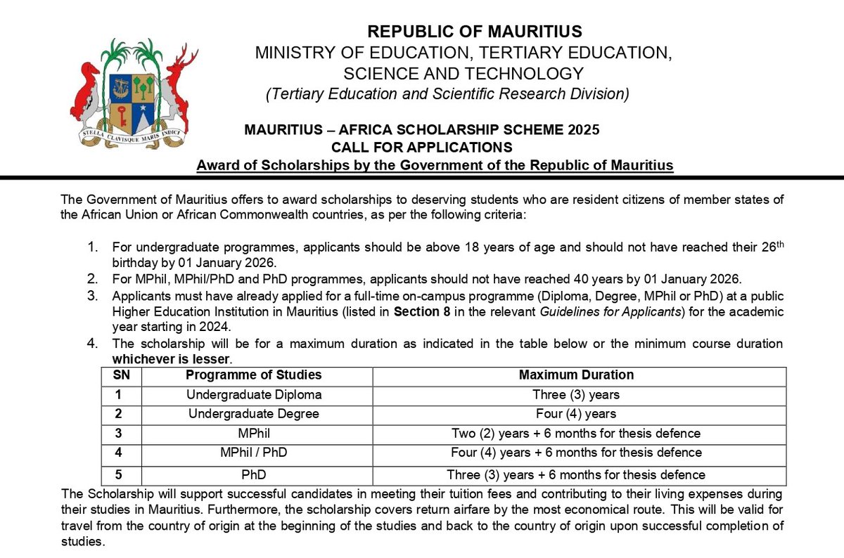 The Mauritius-Africa Scholarship Scheme 2025 is now open for applications! 

Don’t miss this incredible opportunity to study in Mauritius. Apply today for a Diploma, Bachelor's, MPhil, or PhD! 
The application deadline is Friday, 21 March 2025.

 internationalscholarships.dhet.gov.za