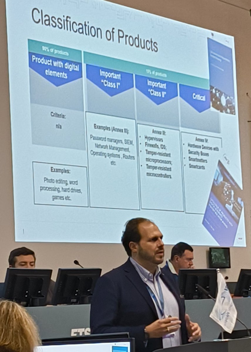My <a href="/enisa_eu/">ENISA</a> colleague Vicente presenting at #ETSISEC2024 how EUCC can be leveraged for CRA's important and critical products.