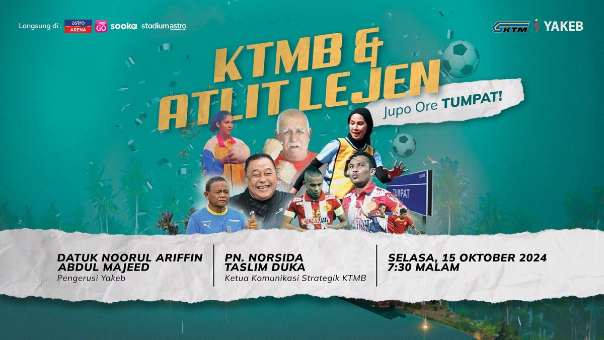 ASTROARENA's tweet photo. Gabungan antara KTMB &amp; YAKEB menganjurkan sebuah program bersama ATLIT LEJEN dari Kuala Lumpur - Tumpat, Kelantan! 👀😍

Dengarkan ulasan khas yang akan kami bawakan kepada anda dari wakil KTMB &amp; YAKEB pada Selasa, 7.30 Malam hanya di Nadi Arena 801! 🔥💪🏼 https://t.co/wo501eN43l