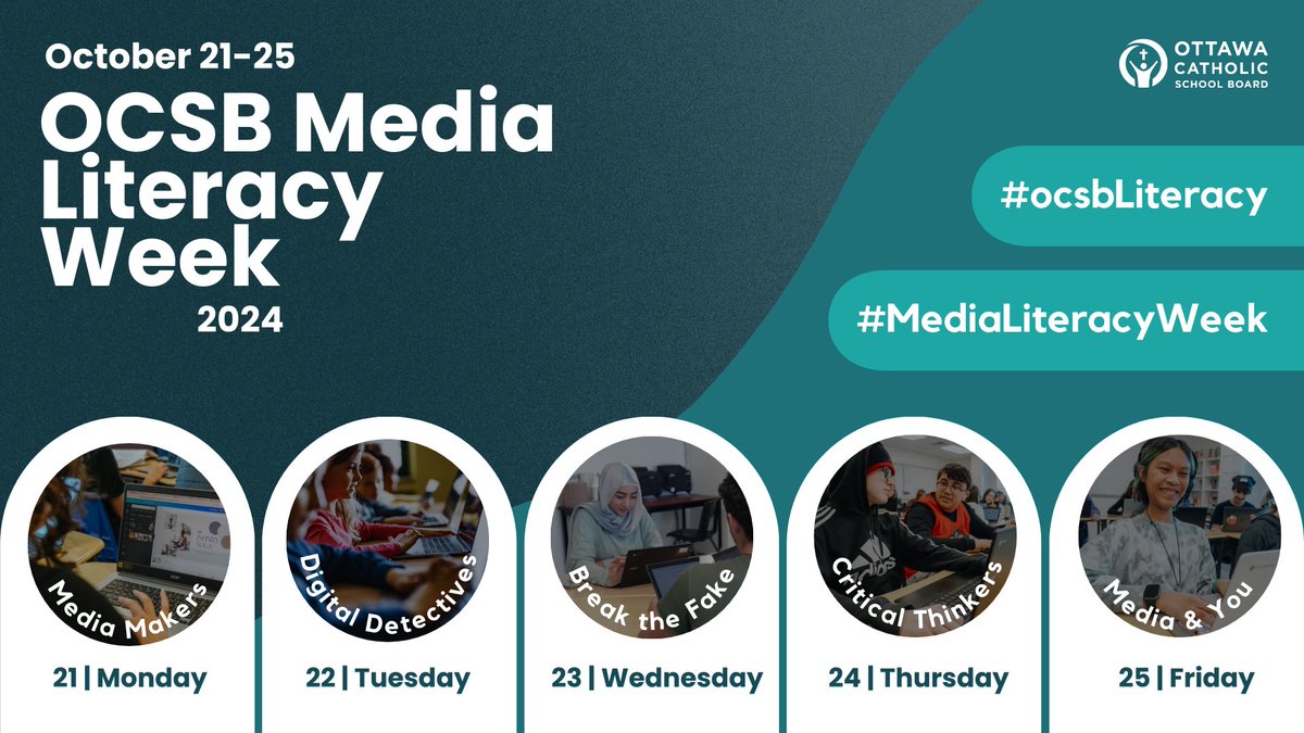 ✨ Media Literacy Week is Oct 21-25! Join the conversation using #ocsbLiteracy and #MediaLiteracyWeek. OCSB educators can win daily prizes by sharing student learning based on the daily themes! Stay tuned for more details!💻
🔗Explore our daily themes: canva.com/design/DAGTCsT…