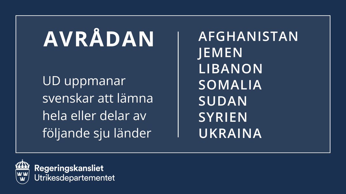 UD avråder från resor när säkerhetssituationen bedöms som farlig, oberäknelig eller snabbt föränderlig.

En uppmaning att lämna en plats är UD:s skarpaste nivå av avrådan.

Just nu uppmanar UD svenskar att lämna hela eller delar av sju länder:

Läs mer: regeringen.se/uds-reseinform…