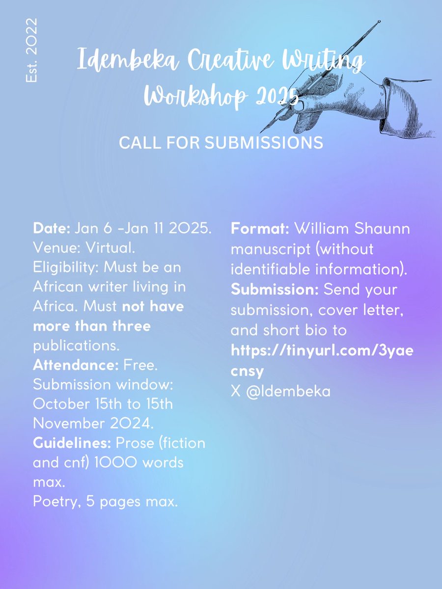 Idembeka's tweet photo. AFRICAN WRITERS IN AFRICA 📢 📢📢📢📢

Applications for the 2025 workshop are now open. Applications are capped at 100 so please get your best words in! 

Apply here - https://t.co/kTjSDY7Gkq https://t.co/34FrLzpWdP