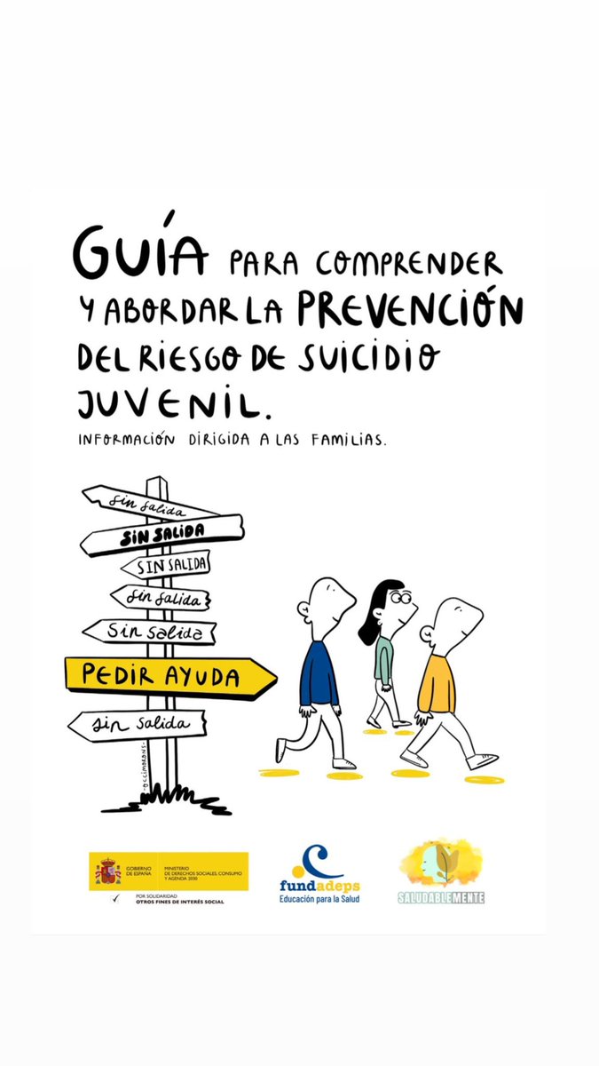 ¡Hola! Me hace mucha ilusión poder compartiros esta guía gratuita que he ilustrado para la prevención del riesgo de suicidiO juvenil ⬇️

 (os dejo el enlace más abajo para que podáis descargarla y compartirla)