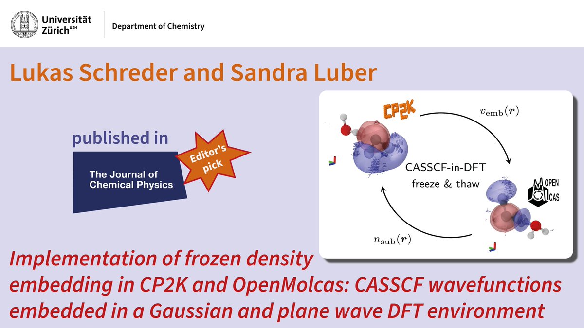 UZH Chemistry (@uzh_chemistry) on Twitter photo Lukas Schreder <a href="/thel00ki/">Lukas Schreder</a> and Sandra Luber <a href="/LuberGroup/">Luber Group</a> @UZH_chemistry present an implementation of the FDE freeze-and-thaw algorithm in the massively parallel quantum chemistry software CP2K which previously lacked this ability. It is the Editor's pick: pubs.aip.org/aip/jcp/articl… Lukas Schreder <a href="/thel00ki/">Lukas Schreder</a> and Sandra Luber <a href="/LuberGroup/">Luber Group</a> @UZH_chemistry present an implementation of the FDE freeze-and-thaw algorithm in the massively parallel quantum chemistry software CP2K which previously lacked this ability. It is the Editor's pick: pubs.aip.org/aip/jcp/articl…