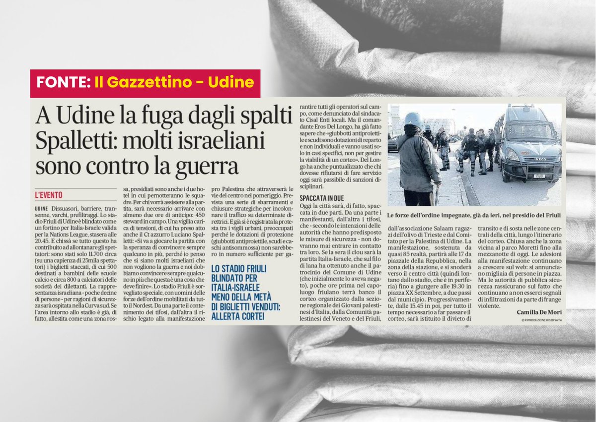 Oggi, come #OpenSinistraFVG, parteciperemo al corteo di protesta per lo svolgimento della partita di calcio #Israele-#Italia, senza ignorare che nello stesso momento l'esercito di Israele continua le azioni militari a #Gaza e in #Libano che stanno provocando tanti morti innocenti