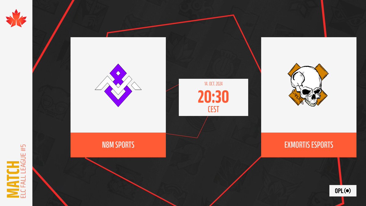 [𝐄𝐋𝐂 𝗙𝗮𝗹𝗹 𝐋𝐞𝐚𝐠𝐮𝐞 #𝟱]

Round 8 tonight in the ChampionShip division !

🇫🇮 @N8Msports 🆚 <a href="/ExMortis_eSport/">ExMortis_eSports</a> 🇩🇪
🕣 20:30 CEST
🗺️ B01

🎙️ <a href="/KryzUKTwitch/">Aiden "Kryz"</a> 

🔴 twitch.tv/kryz_uk