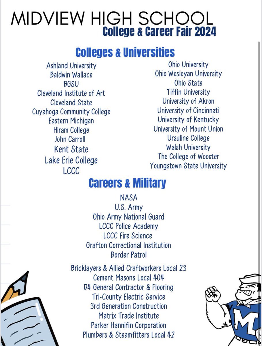 MidviewCnslrs's tweet image. 2024 COLLEGE &amp;amp; CAREER FAIR ‼️

The College &amp;amp; Career Fair will be held on Wednesday, November 6th in the K- Gym! All 11th and 12th graders will attend and 9th/10th graders can sign up to attend the fair. 

Sign Up Link (9th/10th only) - forms.gle/YqYsRmrmcLVRwk…