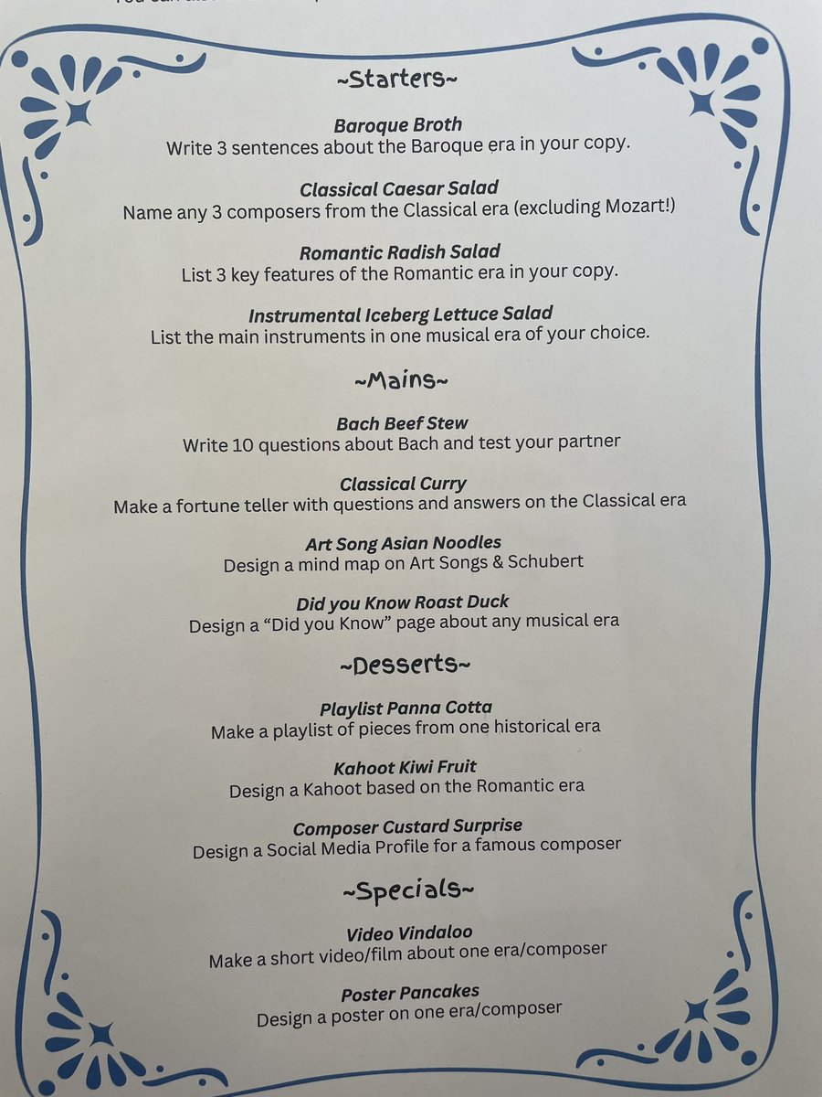 Just finished a unit of work on musical eras with 2nd years from medieval to 20th century.. lots of listening &amp; composing throughout.. their assessment is a composers café where they choose a starter, main course, dessert and special.. #musicteacher #juniorcycle
