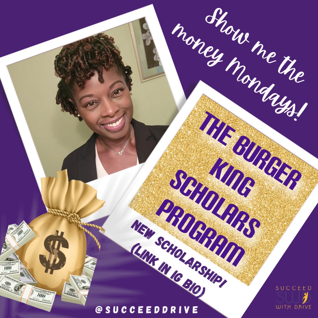 Show me the money Mondays!! 💵
The Burger King Scholars program awards graduating seniors w/ a 2.0 GPA or higher up to $50K who possess excellent leadership skills &amp; demonstrate need (see app for more details). Due 12/15 #scholarships
burgerking.scholarsapply.org/information.php