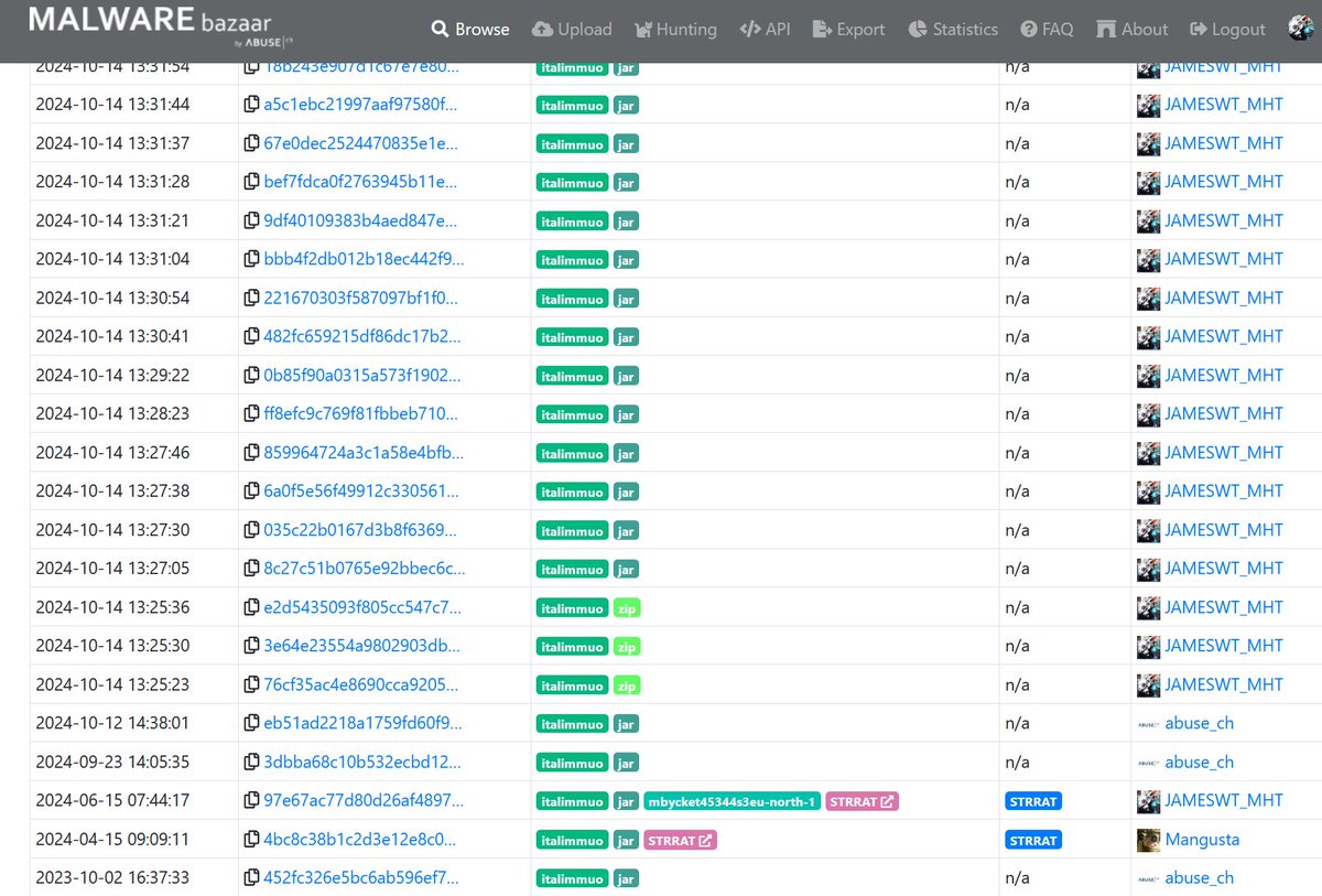 JAMESWT_WT's tweet photo. @c_APT_ure #STRRAT  java #ratty
Some Samples  from related and crossrelation hunting
https://t.co/fj2W5YoWt1

Some C2 from related and crossrelation Samples
italimmuo.ddns].net
heavensgatepeace.duckdns.]org
sfadfadfaafaf.ddns.]net https://t.co/RY5bm2d3Ln