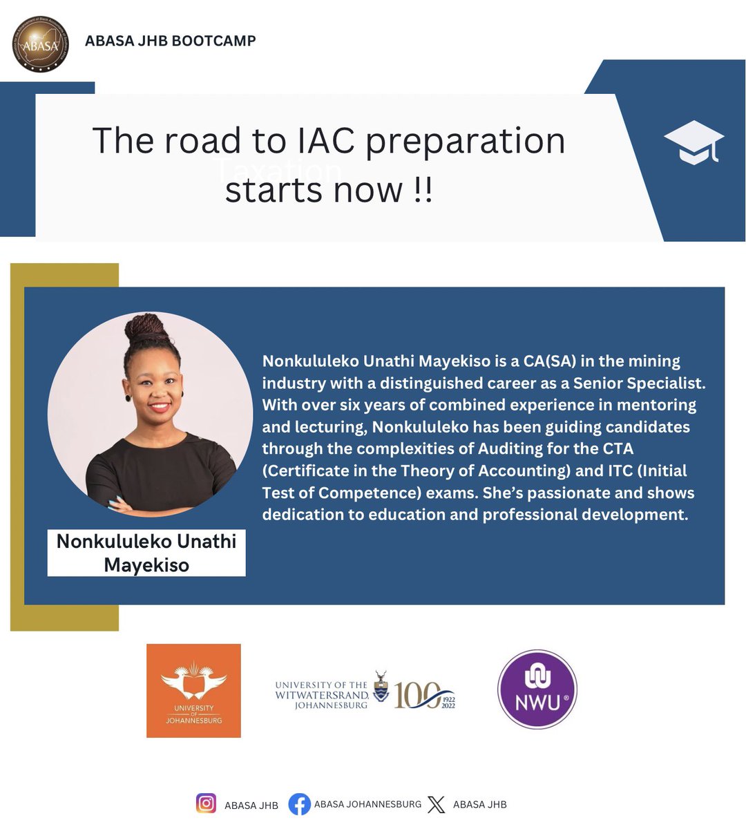 ABASAJHB's tweet photo. 🚀The Road to IAC Preparation Starts Now!
Excited to introduce our incredible tutor for this weekend’s bootcamp: Nonkululeko Unathi Mayekiso, CA(SA).
It will end in CA(SA)
#Sinawe #WalkingTheJourneyWithYou
#ABASAJHB #inspireinnovateimpact https://t.co/hkRc7zB1BQ