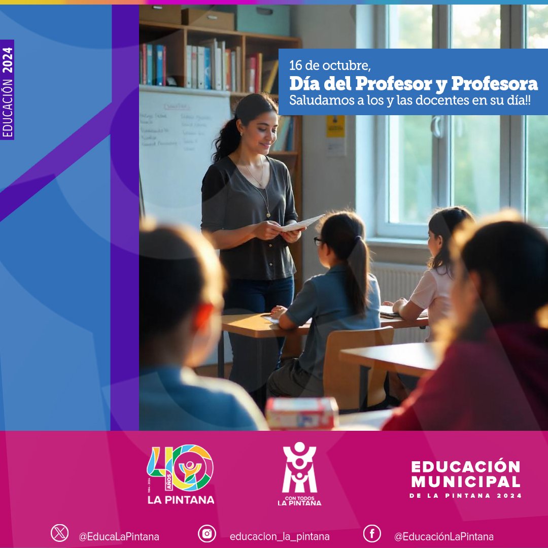 ¡FELIZ DÍA DEL PROFESOR Y PROFESORA
Saludamos a los y las docentes que se desempeñan en los colegios de La Pintana. Agradecemos que día a día priorizan el bienestar superior de nuestros niños/as y adolescentes.
@munilapintana
<a href="/edu_delpino/">Servicio Local de Educación Pública Del Pino</a>