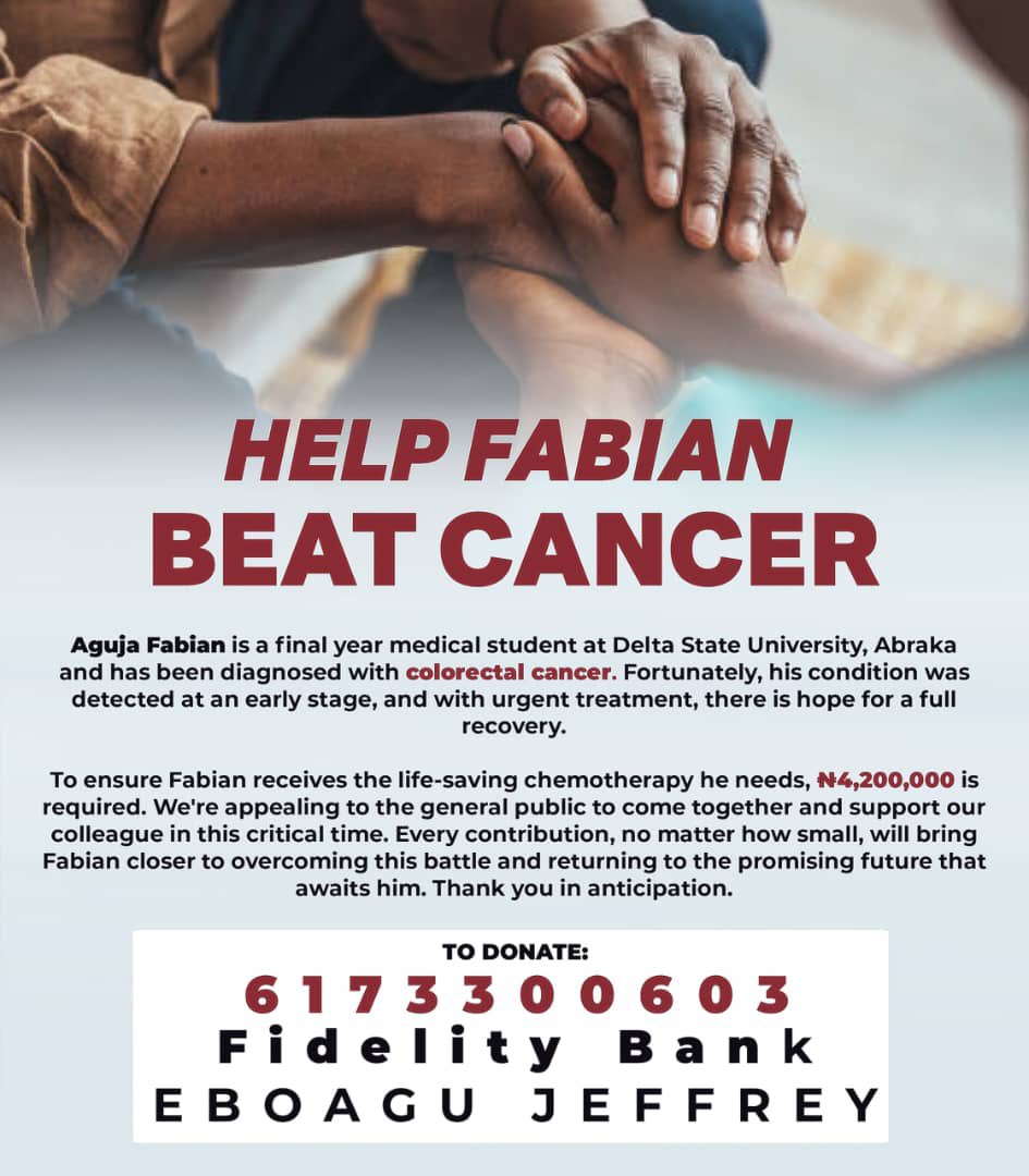 Medzonetv's tweet photo. Help Fabian Beat Cancer!

A young student's life is at risk due to colorectal cancer. Your kindness can make a difference! Contribute to his medical expenses and help him overcome this challenge. Every donation counts!

Donation details:
Account name: Eboagu Jeffrey
Bank: Fidelity Bank
Account number: 6173300603

Donate now and give Fabian a chance to live a fuller life!
