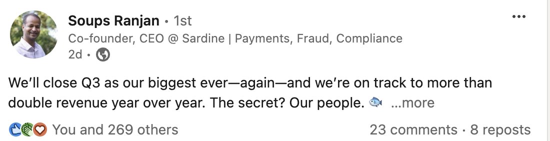 Prospects who looked at us a year ago cannot believe how much we’ve grown in features over 12 months. 

We’re now supporting everything from onboarding and payment fraud to EDD checks, transaction monitoring, and SAR filling. Sardines swim faster than predators.