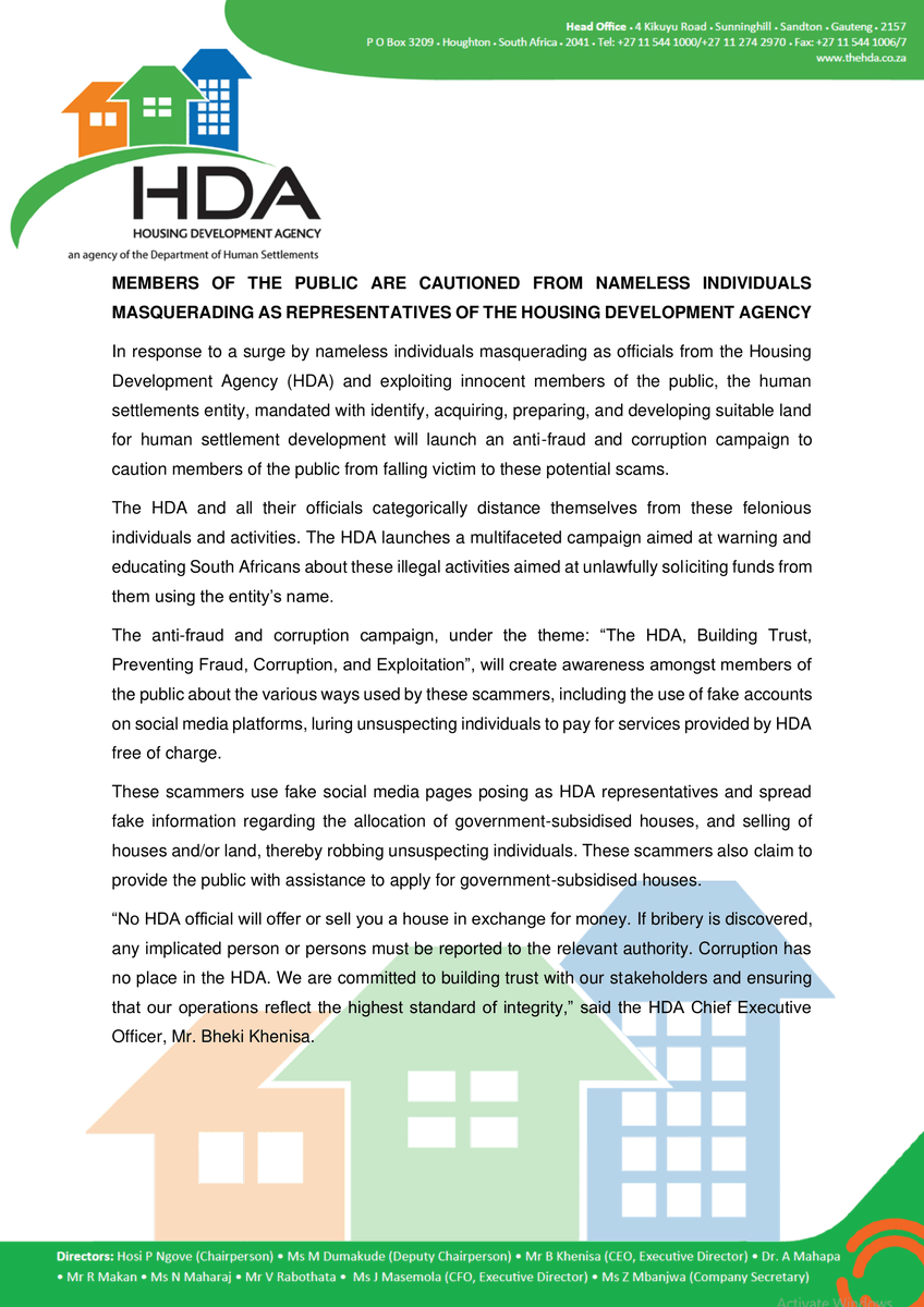 the_hda's tweet image. Media Statement | Beware of scammers posing as HDA officials! The HDA is launching an anti-fraud campaign to warn the public about these illegal activities. We distance ourselves from these criminals and urge you to stay informed. #HdaAtWork #StopFraud #HousingFraud #StayAlert