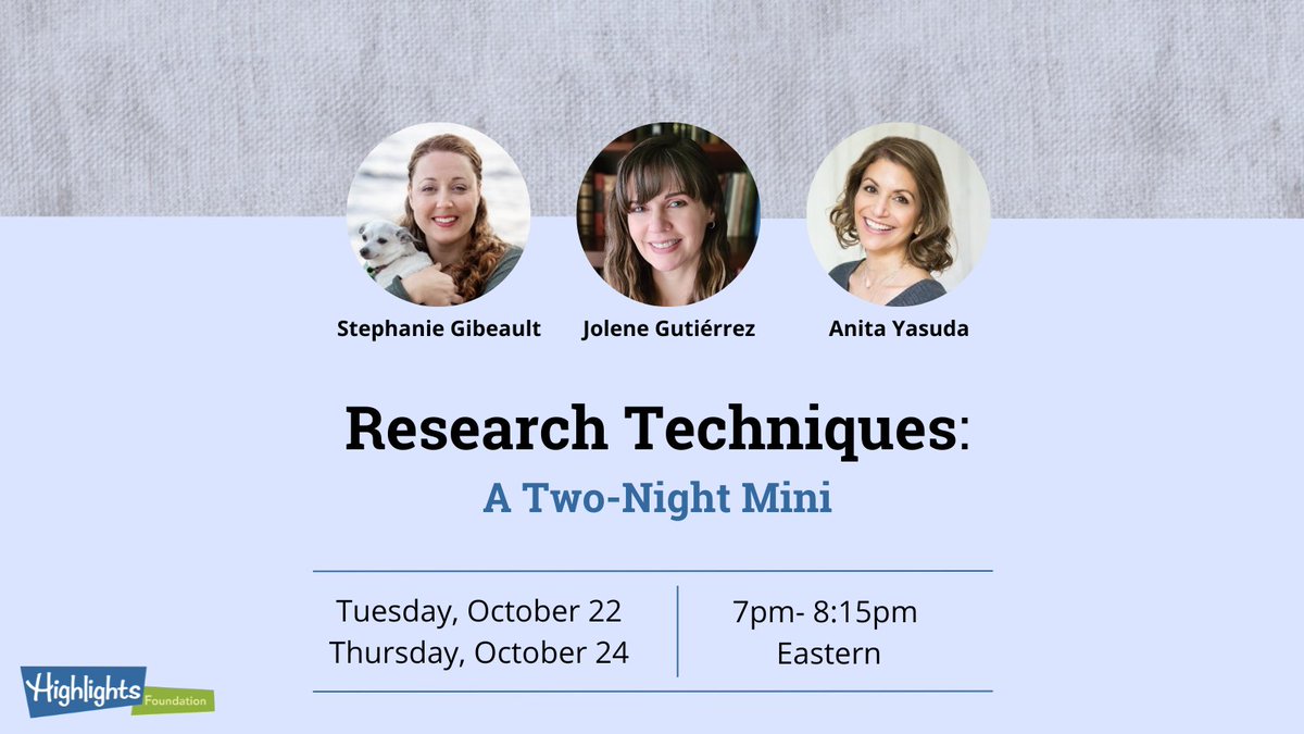 📚 Jolene Gutiérrez--writer & librarian 📚 (@writerjolene) on Twitter photo Are you a reluctant researcher? Do you fret over finding facts? Does the world of online research worry you? And how do you know what's true, anyway?
Join <a href="/GibeaultWrites/">Stephanie Gibeault</a>, Anita Yasuda, & me for a <a href="/HighlightsFound/">The Highlights Foundation</a> class October 22 & 24!
highlightsfoundation.org/workshop/resea… Are you a reluctant researcher? Do you fret over finding facts? Does the world of online research worry you? And how do you know what's true, anyway?
Join <a href="/GibeaultWrites/">Stephanie Gibeault</a>, Anita Yasuda, & me for a <a href="/HighlightsFound/">The Highlights Foundation</a> class October 22 & 24!
highlightsfoundation.org/workshop/resea…