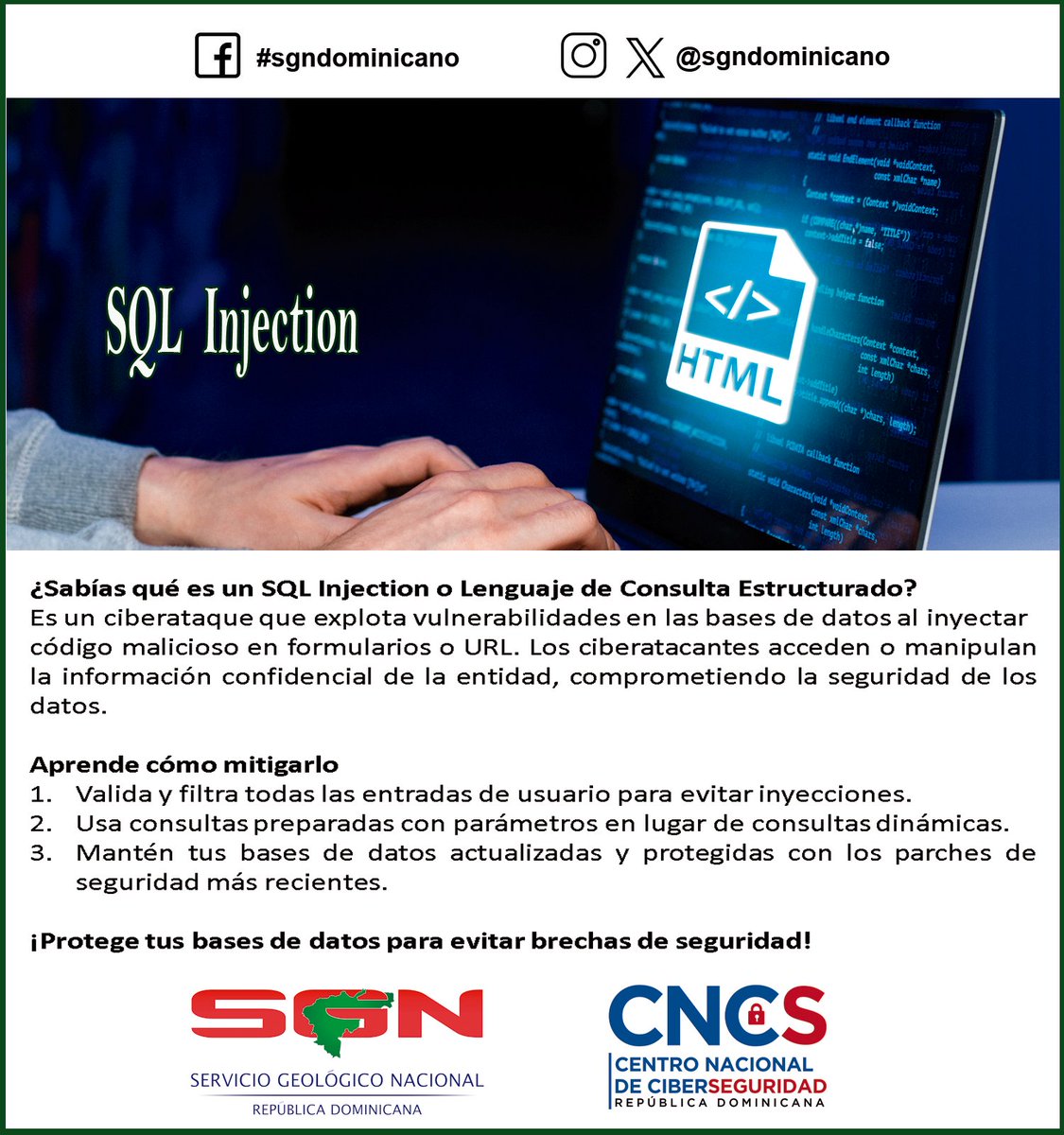 sgndominicano's tweet image. SQL  Injection
@PresidenciaRd @RaquelPenaVice @energiayminasrd @DIGEPRESRD @mineconomiard @MESCYTRD @MineriaRD @OGTICRD @utecord  @defensaCivilRD #Ciberseguridad  #SQLInjection #Ciberataque #ProtegeTuEntidad #BasesDeDatosSeguras #SeguridadDigital #MitigaciónDeAtaques #CNCSRD
