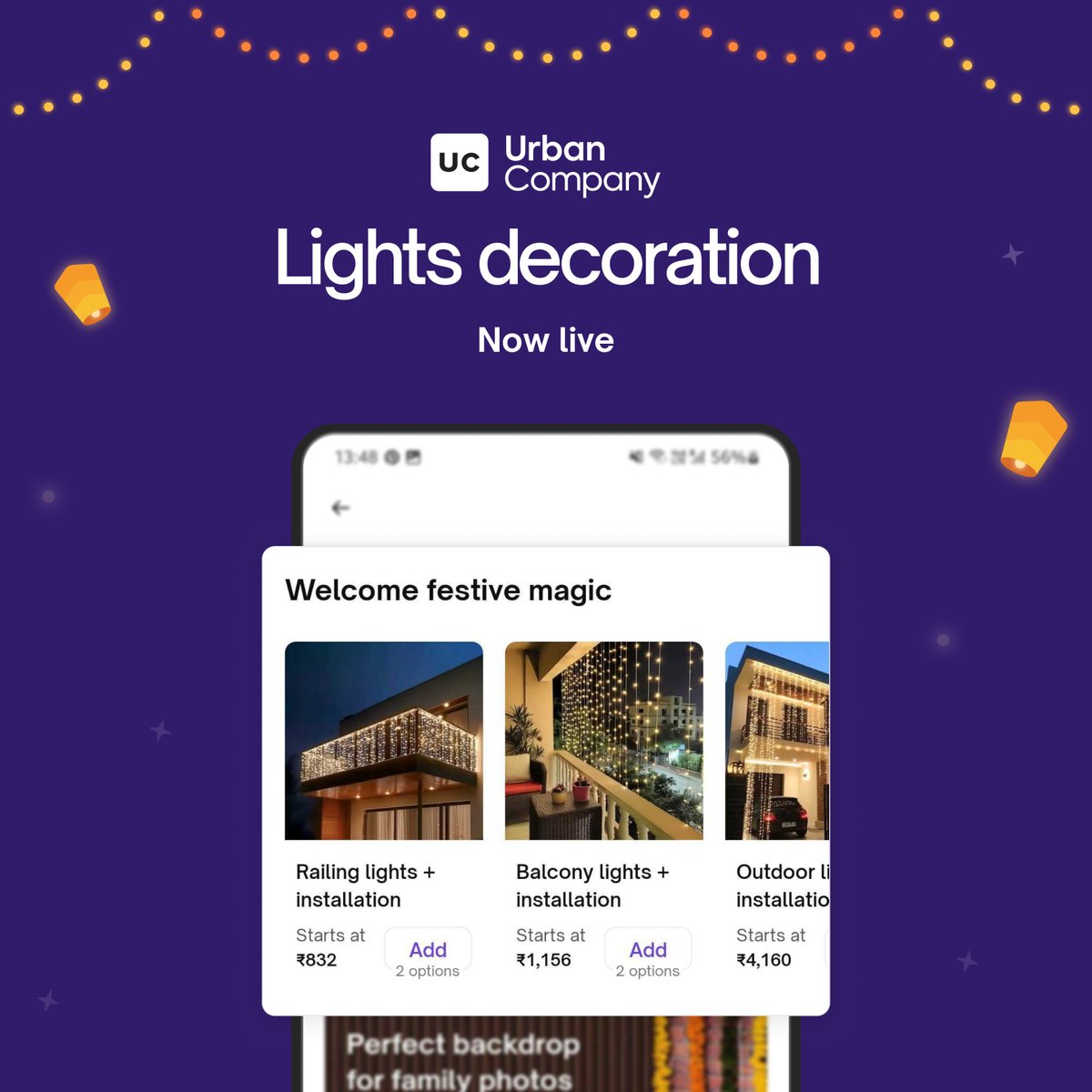 Lights decoration is now live! 

We will bring the lights if you want or install the ones you have. 

Balcony, railing, mandir, outdoor, indoor, everything covered. 

Happy festivities!