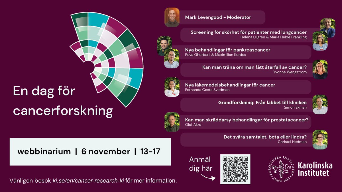 Är du nyfiken på cancerforskning? Delta i vårt digitala event 'En dag för cancerforskning' på <a href="/karolinskainst/">Karolinska Institutet</a>! Våra forskare berättar om de senaste framstegen inom cancervård och behandlingsmetoder.
Anmäl dig här: bit.ly/3Np4NJr
Mer information: bit.ly/3ZYN5nG