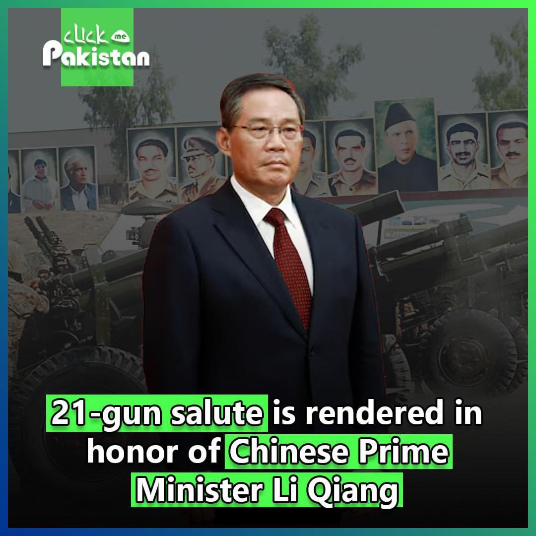 ClickMePakistan's tweet photo. Chinese Prime Minister Li Qiang was honored with a 21-gun salute, a ceremonial gesture reserved for high-ranking officials and dignitaries, underscoring his prominent position as the 8th Premier of China. 

#clickmepakistan #LiQiang #ChinesePremier https://t.co/gVTGotAxfN