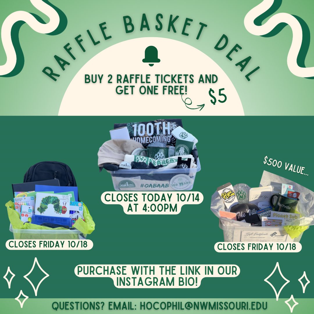 𝐑𝐀𝐅𝐅𝐋𝐄 𝐓𝐈𝐂𝐊𝐄𝐓 𝐃𝐄𝐀𝐋🎟️
•
•
The HOMECOMING raffle basket winner will be drawn today at 4:00pm, otherwise the other baskets will be open until this Friday! Purchase your tickets TODAY!✨