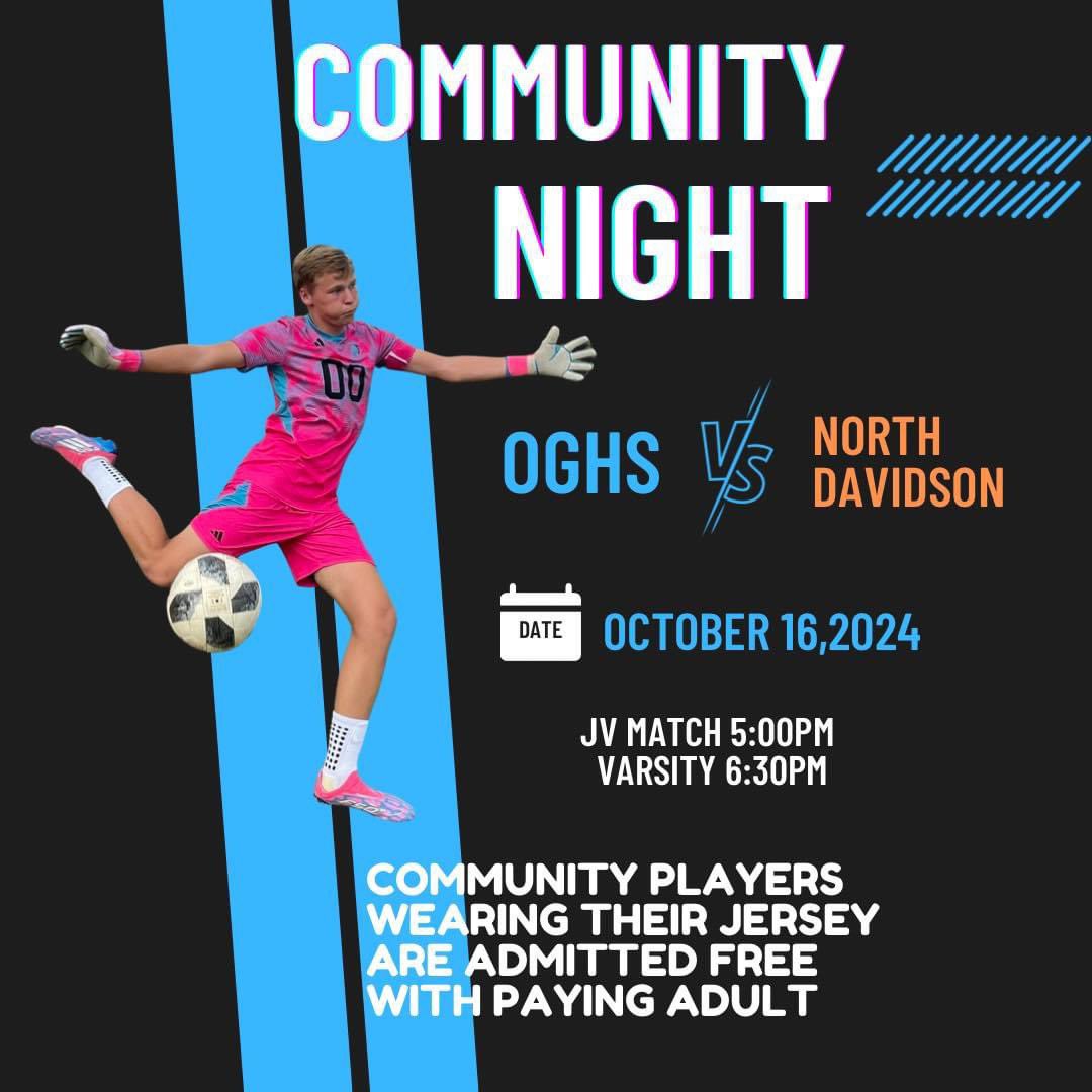 OGHSoccer's tweet photo. We have 2 exciting events happening this week! First is our Community Night against North Davidson where kids get in free with a paying adult and wearing their local club jersey!

As we hit the weekend we get to welcome back our alumni for our annual Alumni Match on Sunday at 3pm https://t.co/jhhyEjhk6X