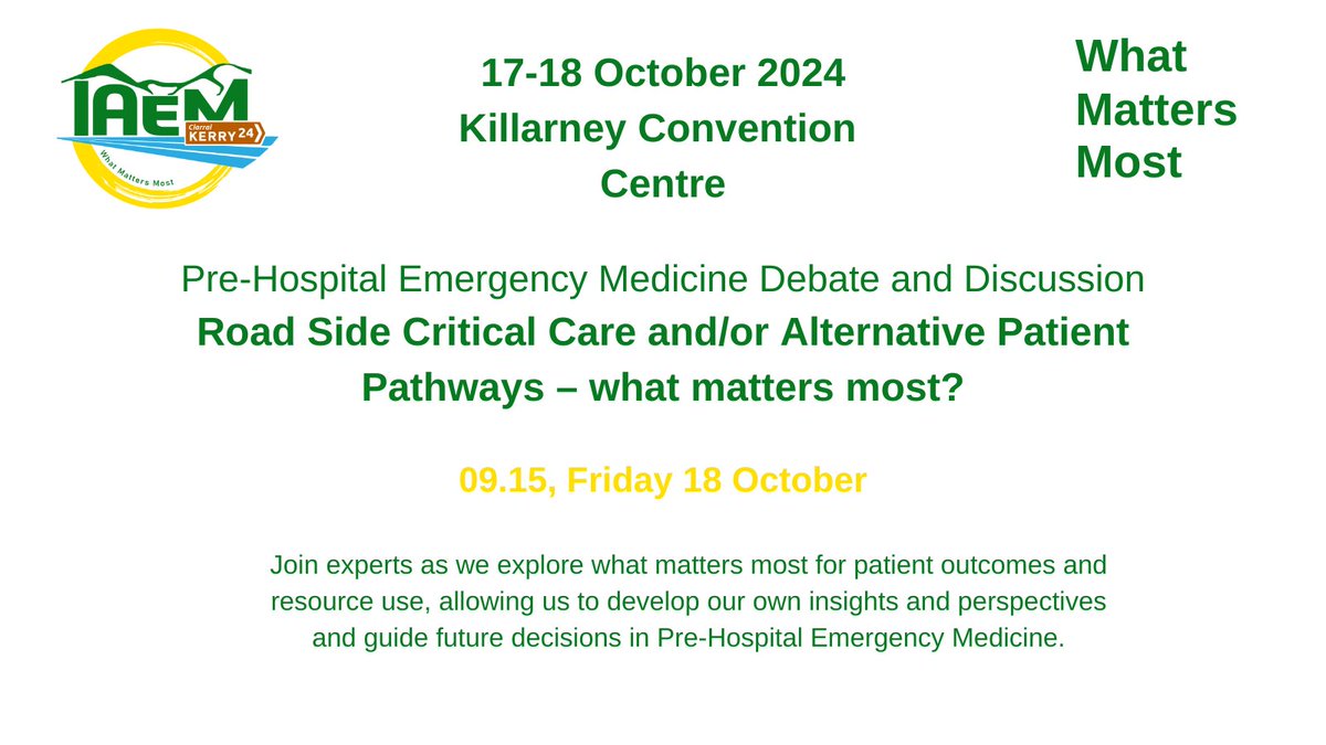 AssocEmergMedIE's tweet image. MEET THE SPEAKERS
Following our debate on #WhatMattersMostEM in pre-hospital care on Friday we have a PHEM parallel session for more discussion of PHEM advances.
Remember, regular pricing ends TONIGHT!
Registration: bit.ly/4dkj1a3
More info: bit.ly/3XlYagO