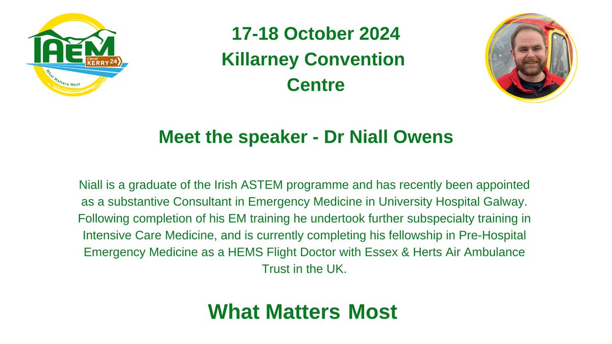 AssocEmergMedIE's tweet image. MEET THE SPEAKERS
Following our debate on #WhatMattersMostEM in pre-hospital care on Friday we have a PHEM parallel session for more discussion of PHEM advances.
Remember, regular pricing ends TONIGHT!
Registration: bit.ly/4dkj1a3
More info: bit.ly/3XlYagO