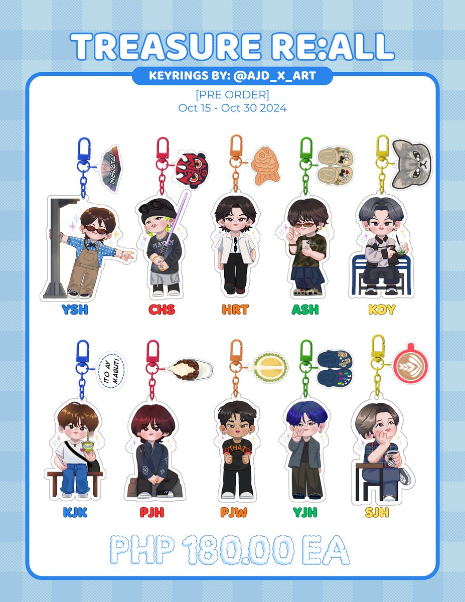 ajd_x_art's tweet photo. WTS | LFB | PH Only

RE:All Treasure Acrylic Keyrings Pre-order

🌠₱ 180.00 ea
🌠₱ 350.00 per set

📅Pre-order: Oct 15-30
🎁POB: Treasure fanart talisman

🔗[https://t.co/xnqZOrVy8C]

#yoshi #junkyu #hyunsuk #jihoon #jeongwoo #haruto #asahi #jaehyuk #doyoung #junghwan #keyring https://t.co/qX0qaw1yvX