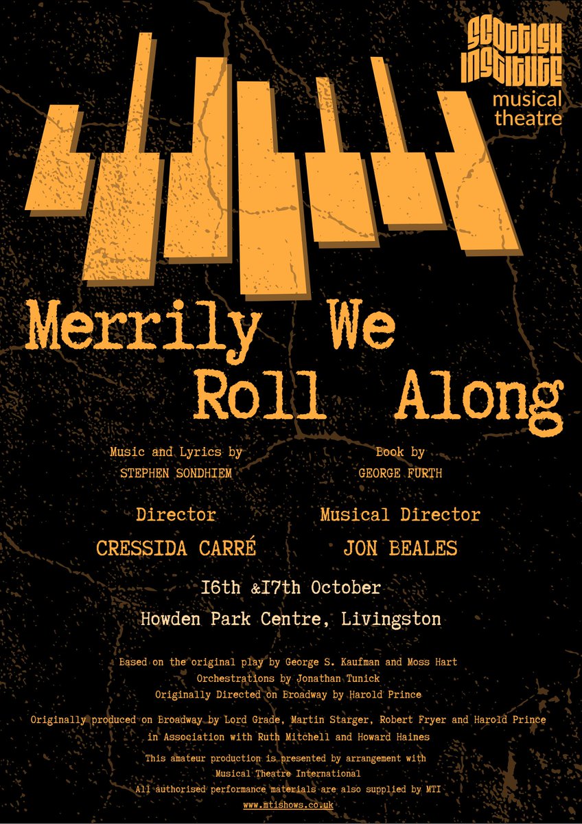 ✨ We're thrilled to have award-winning Cressida Carré bringing her innovative direction to Merrily We Roll Along. 
📅 16th Oct 7pm &amp; 17th Oct: 2:30pm &amp; 7pm 
📍Howden Park Centre, Livingston
Tickets: loom.ly/HBrm7hk
#TheScottishInstitute #MerrilyWeRollAlong #Theatre