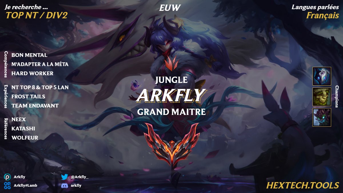 Arkfly (@arkfly_) on Twitter photo Hello ! Je suis toujours LFT pour du TOP NT et de la DIV2
J'était perma GM last saison et j'ai pick chall
Je suis prêt à m'améliorer et à faire mes preuves
Ref : <a href="/N25X17T/">Neex</a> <a href="/KaTaShi_6/">Katashi chargeur camembert</a> <a href="/wolfeur3/">Wolfeur</a>
RT Apprécier <a href="/LoL_LFT_Fr/">LoL LFT Fr</a> <a href="/LoL_LFT/">LoL Looking For Team 🇮🇹 🇪🇺</a> Hello ! Je suis toujours LFT pour du TOP NT et de la DIV2
J'était perma GM last saison et j'ai pick chall
Je suis prêt à m'améliorer et à faire mes preuves
Ref : <a href="/N25X17T/">Neex</a> <a href="/KaTaShi_6/">Katashi chargeur camembert</a> <a href="/wolfeur3/">Wolfeur</a>
RT Apprécier <a href="/LoL_LFT_Fr/">LoL LFT Fr</a> <a href="/LoL_LFT/">LoL Looking For Team 🇮🇹 🇪🇺</a>