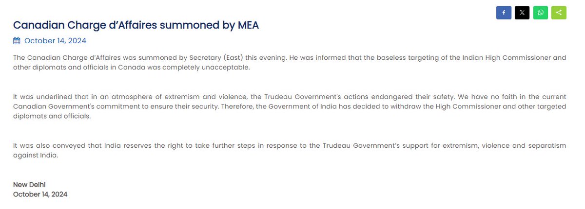 ANI's tweet photo. It was underlined that in an atmosphere of extremism and violence, the Trudeau Government's actions endangered their safety. We have no faith in the current Canadian Government's commitment to ensure their security. Therefore, the Government of India has decided to withdraw the High Commissioner and other targeted diplomats and officials: MEA