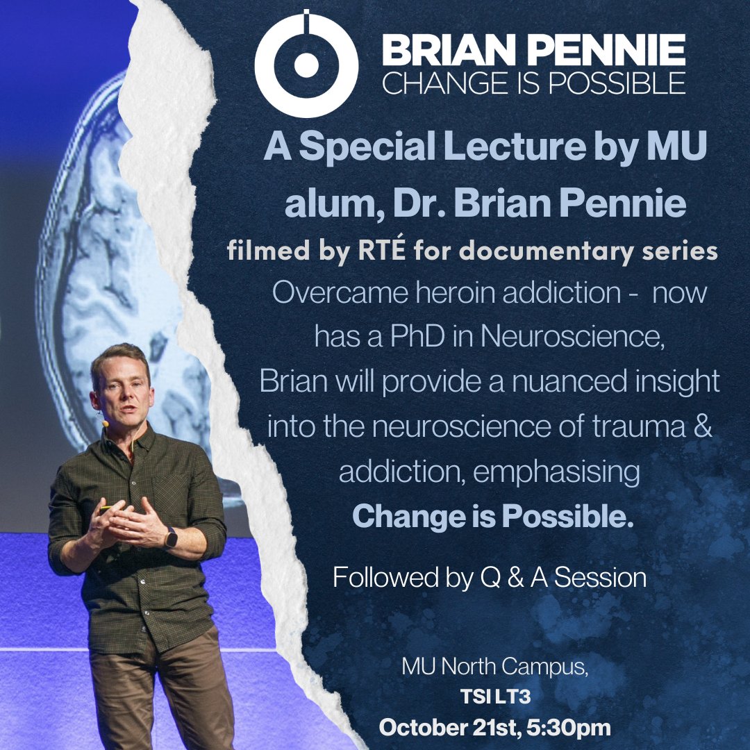 Psych Soc have organised a special lecture on the neuroscience of trauma &amp; addiction, delivered by MU graduate Dr. Brian Pennie on Oct. 21st @ 5:30pm is TSI LT3 in Maynooth University. This event will be filmed by RTÉ.

For more details: eventbrite.co.uk/e/a-special-le…

Please share!🧠