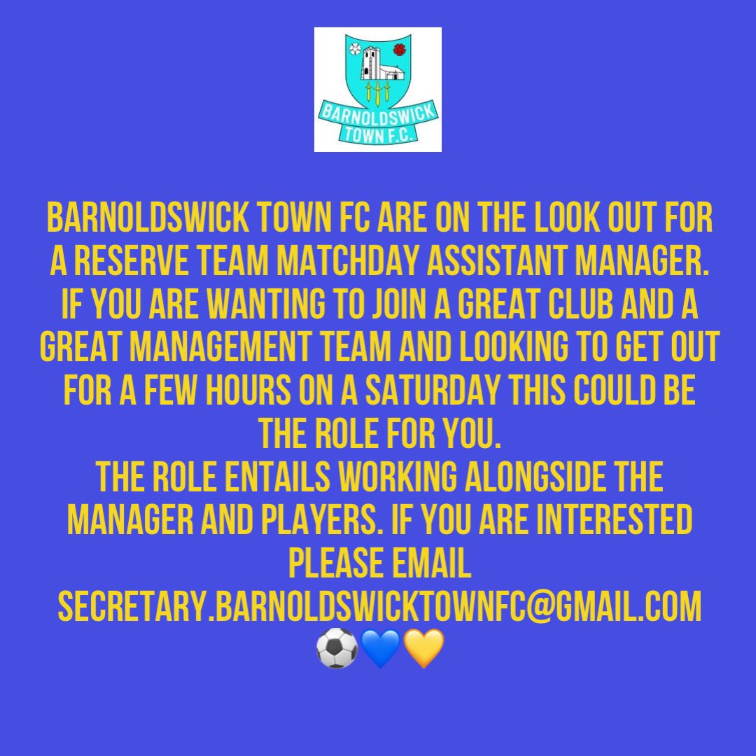 We are still on the look out for a Matchday Assistant Manager to work alongside Nick if anyone is interested please send us a message ⚽️💙💛 #wearebarlicktown