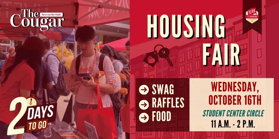 TheDailyCougar's tweet photo. Tired of having a roommate? Rent too high? π πΈ Looking for a new place? Come explore your options at the Housing Fair! Join us for food, fun, & FREE swag, & a chance to win prizes! ππIn 2 days, 10/16, 11AM-2PM at the Student Center Circle.πΎ #HousingFair #FindYourPerfectPlace https://t.co/orZyH0jWOZ